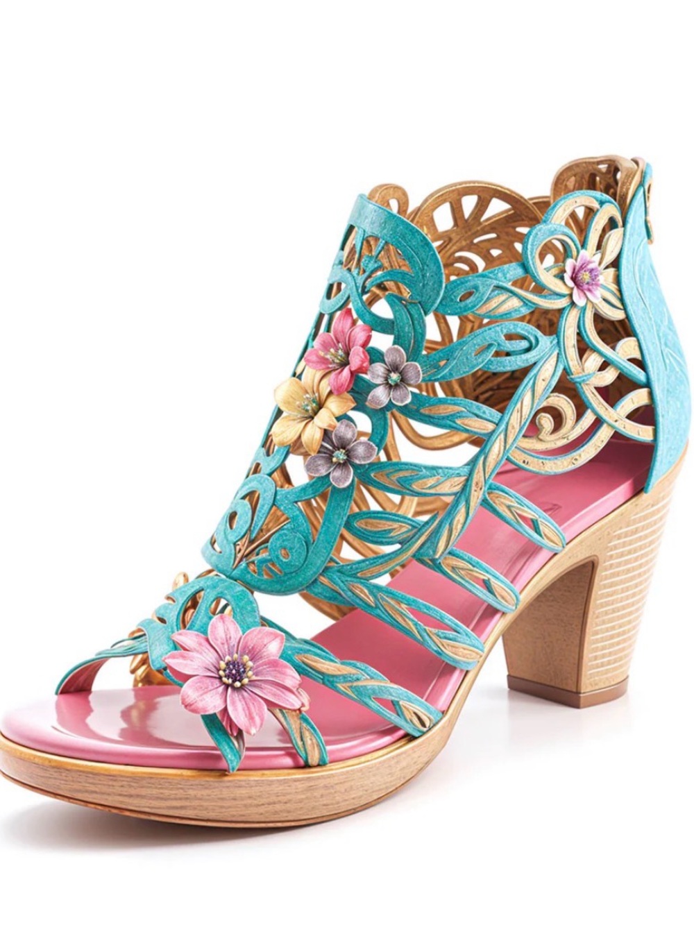 Floral Laser-Cut Teal Leather Heeled Sandal - Women